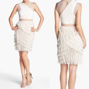 BCBGMAXAZRIA cream floral‎ lace ruffle Jaya illusion party dress size 12 wedding